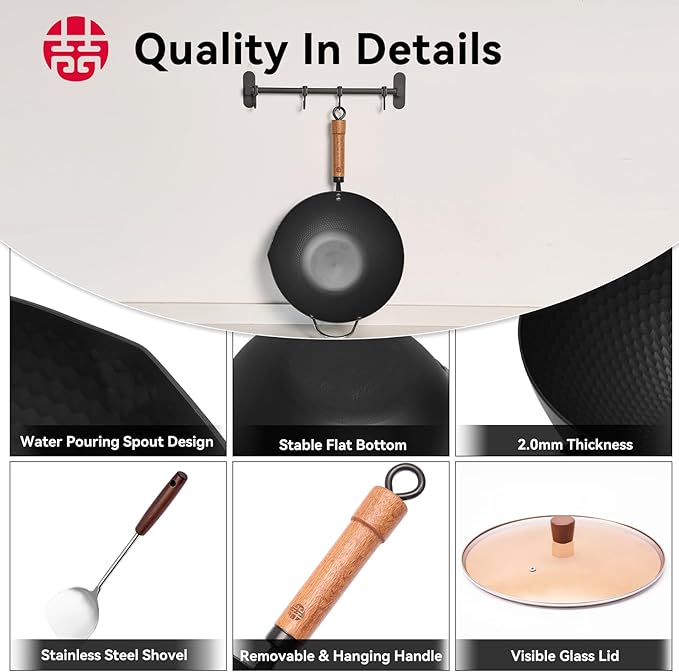 WANGYUANJI 12.6" Wok with Lid, Flat Bottom Nonstick Wok Pan for Induction Cooktop, Stir Fry Woks & Pans for Cooking