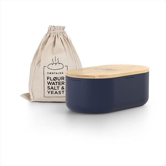 LARS NYSØM Bread Box I Metal Box with linen bag for long lasting freshness I Bread Bin with bamboo lid usable as cutting board I 14.2x7.5x5.1 In (Midnight Blue)