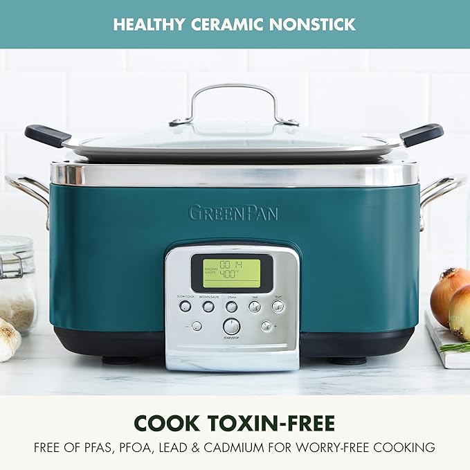 GreenPan Elite 8-in-1 Programmable 6QT Electric Slow Cooker, Dishwasher Safe Lid & Removable Crock, PFAS-Free Healthy Ceramic Nonstick Multi-Cooker, Sear, Sauté,Brown, Steam Basket, Roast, Deep Teal