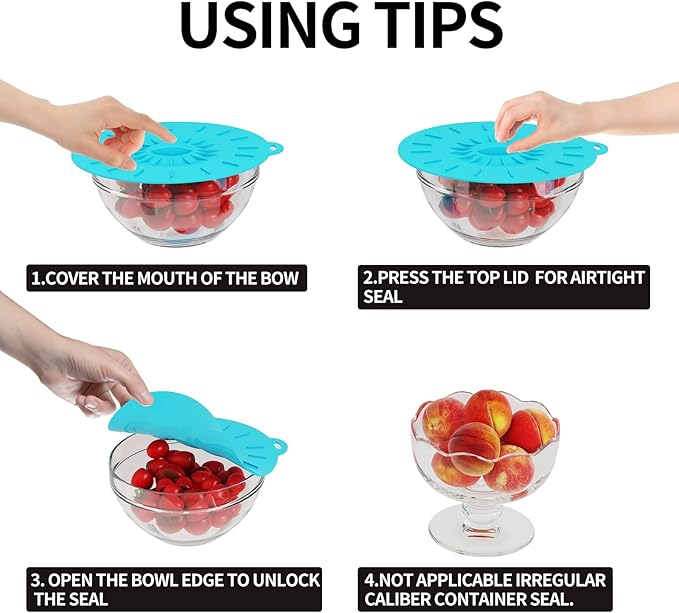 7 Pack Silicone Lids, Microwave Splatter Cover, 5 Sizes Reusable Heat Resistant Food Suction Lids fits Cups, Bowls, Plates, Pots, Pans, Skillets, Stove Top, Oven, Fridge BPA Free