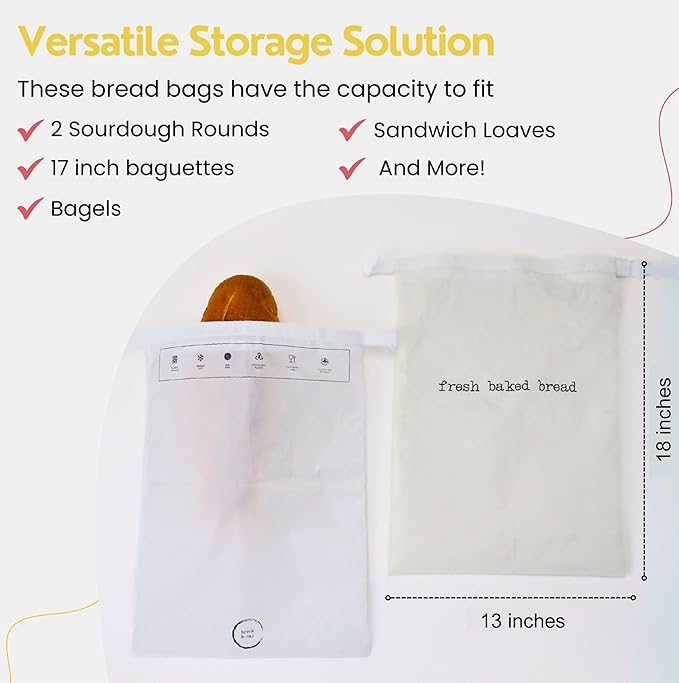 Reusable Bags for Homemade Bread Storage (2-Pack) - 13"W x 18"H - Plastic Fresh Bread Storage Bags - Metal Zipper & Buckle - Freezer Safe Bag, Machine Washable Sourdough Bag