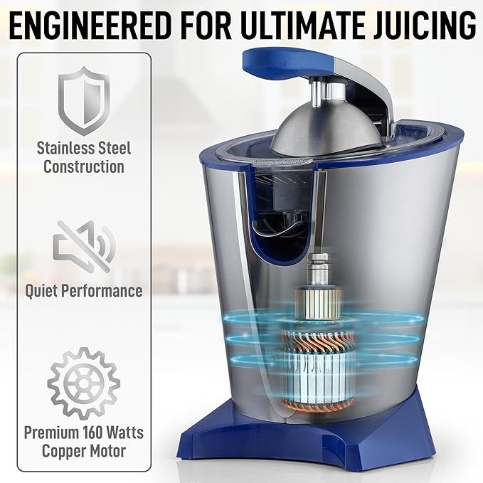 Zulay Electric Citrus Juicer - Makes Fresh Orange, Lemon, Grapefuit, Lime Juice - Stainless Steel, 160W Powerful & Quiet, Interchangeable Cones -Filters Out Seeds & Pulp - Dishwasher Safe Parts - Blue