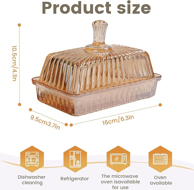 Wide Glass Butter Dish with Cover for Countertop Vintage Crystal Butter Holder for Counter Covered Glass Butter Keeper Butter Holder for Refrigerator,Butter Tray with Two Stick 4oz Butter