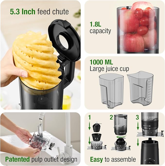 Juicer Machines, TUUMIIST Cold Press Juicer with 5.3" Extra Large Feed Chute Fit Whole Fruits & Vegetables Easy to Clean, High Juice Yield, BPA Free (Black)