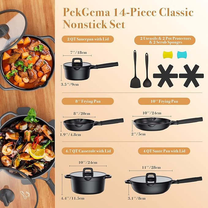 PekGema Nonstick Pots and Pans Set, Non Stick Cookware Set 14 Pcs, Induction Cooking Set with Pour Spouts and Oven Safe for Casserole, PFOA FREE, Classic Black