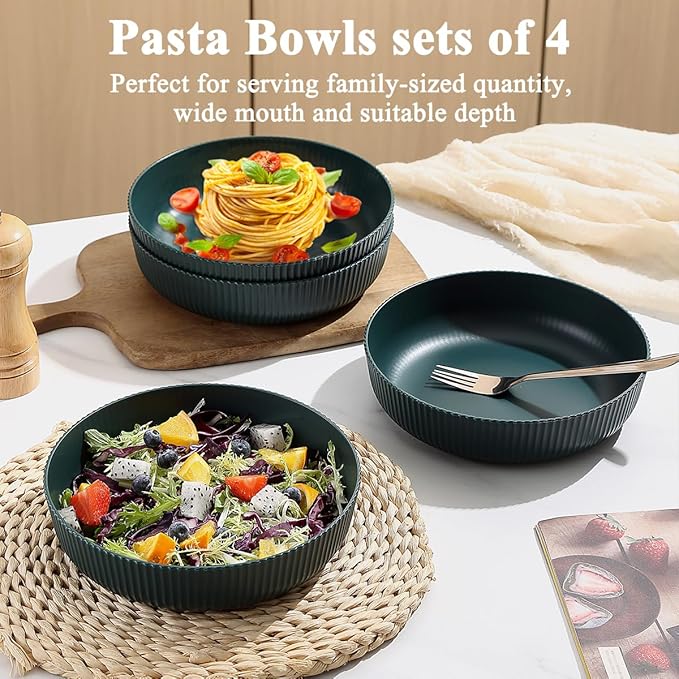 Kyraton Pasta Bowls Set of 4, 37oz Salad Bowls Soup Bowls Large Pasta Serving Bowl Plastic Unbreakable Serving Dishes Dinner Bowls (Dark Green)