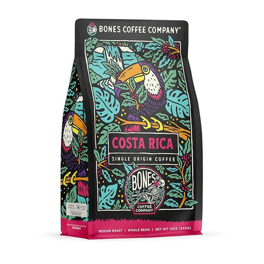 Bones Coffee Company Costa Rica Single-Origin, Cocoa, Nutty and Milk Chocolate Notes, Whole Coffee Beans, Low Acid Medium Roast Arabica Beans Flavored Coffee for Auto drip, 12 oz Whole Bean