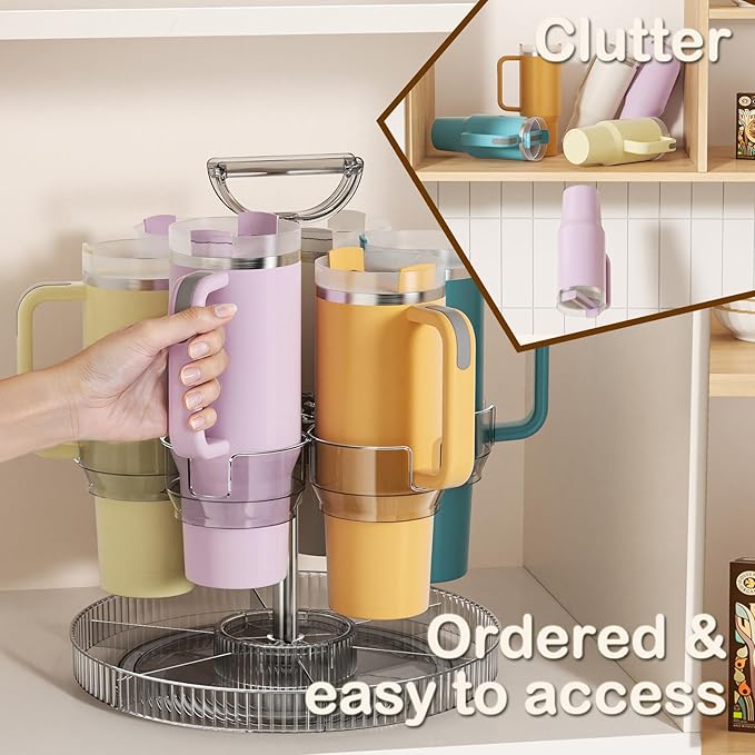 Rotating Stanley Cup Holder, Portable Water Bottle Organizer for 6 Stanley 40 oz & Mug, Adjustable Lazy Susan Organizer for Table Top Cabinet Home Countertop Pantry Shelf Tumbler Lid Organizer