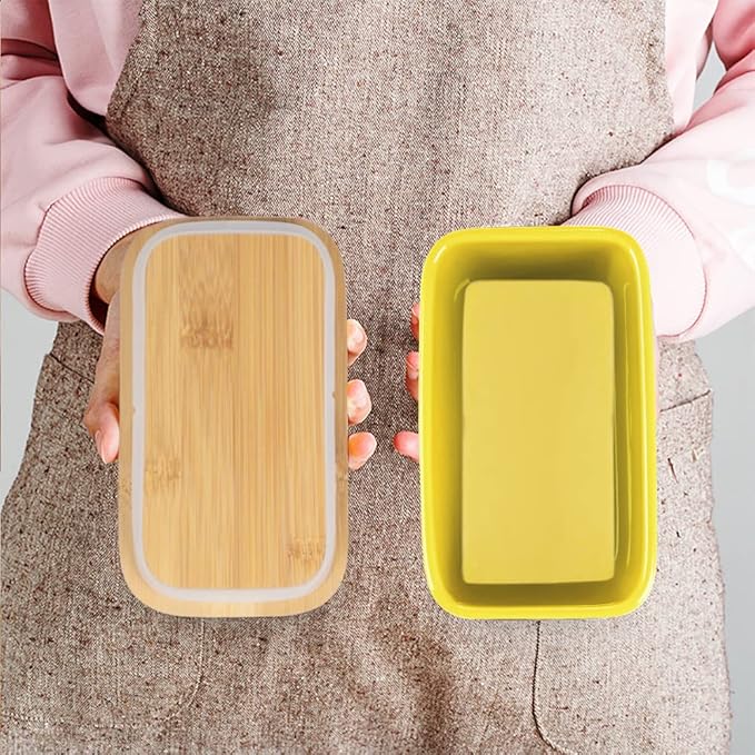 Ceramic Butter Dish with Wooden Lid, Large Butters Container Keeper Storage with Stainless Steel Knife Spreader, Bamboo Cover and Silicone Sealing Ring for West East Coast, Yellow