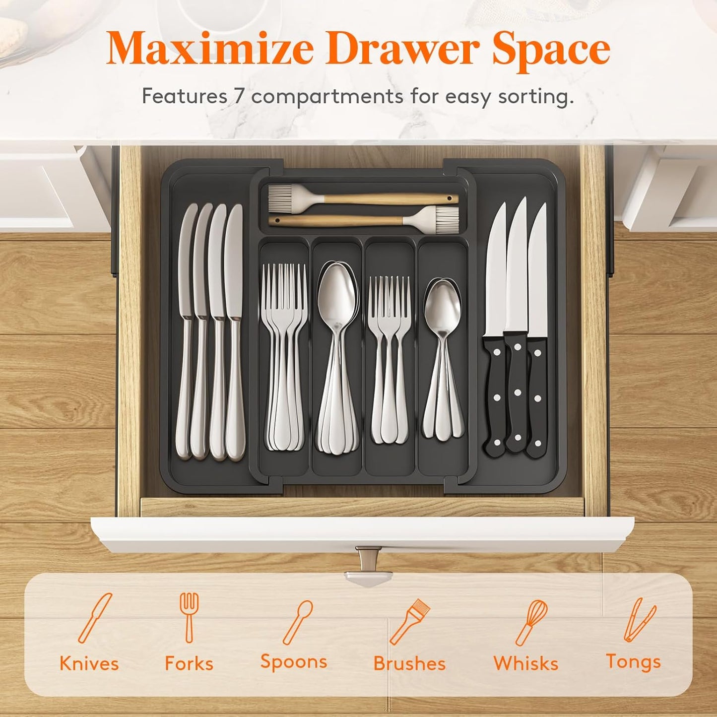 Lifewit Silverware Drawer Organizer, Expandable BPA Free Utensil Tray for Kitchen, Adjustable Flatware and Cutlery Holder for Spoons Forks Knives, Plastic Kitchen Organizers and Storage, Black