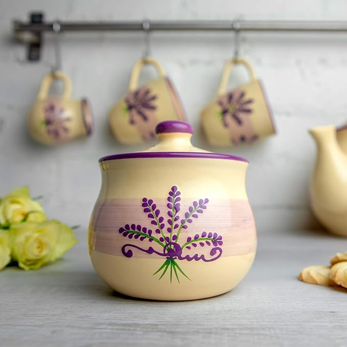 City to Cottage Ceramic Sugar Bowl with Lid, 10oz Sugar Contanier for Coffee Bar, Sugar Dispenser Bowl, Salt - Condiment Pot for Kitchen Counter, Handcrafted Cream Lavender Floral Sugar Jar