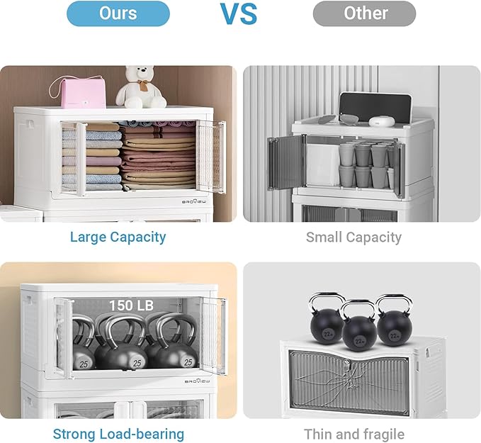 400Qt Stackable Storage Bins with Lids, 100Gal Closet Organizers and Storage Drawer, Plastic Collapsible Storage Bins with Doors, Heavy Duty Store Box Cabinet for Home Office, 4Pack White