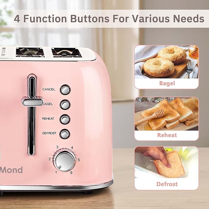 Toaster 4 Slice Retro Stainless Steel with Extra Wide Slots Bagel, Defrost, Reheat Function, Dual Independent Control Panel, Removable Crumb Tray, 6 Browning Levels, Pink
