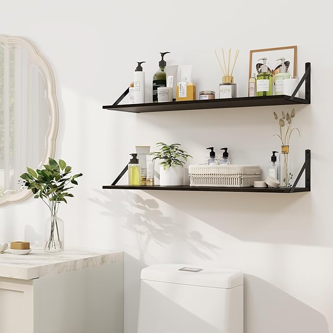 Heimlove Black Deep Floating Shelves for Wall, 30W x 8D Wood Wall Shelves Set of 2, Wide Floating Bookshelf for Living Room, Kitchen, Office, Bedroom and Decor Storage, with Metal Bracket - Black