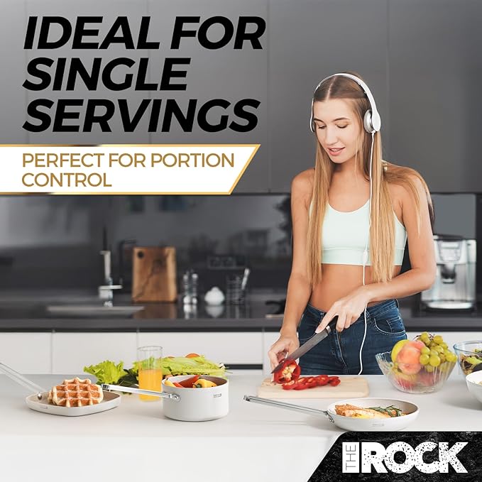 THE ROCK Single Serve Nonstick Pots and Pans Set, 6pc Portion Control Cookware Set with Rock.Tec, Scratch/Stain/Crack Proof, Oven & Dishwasher Safe, Perfect for Dorm, Camping & Small Kitchens, White