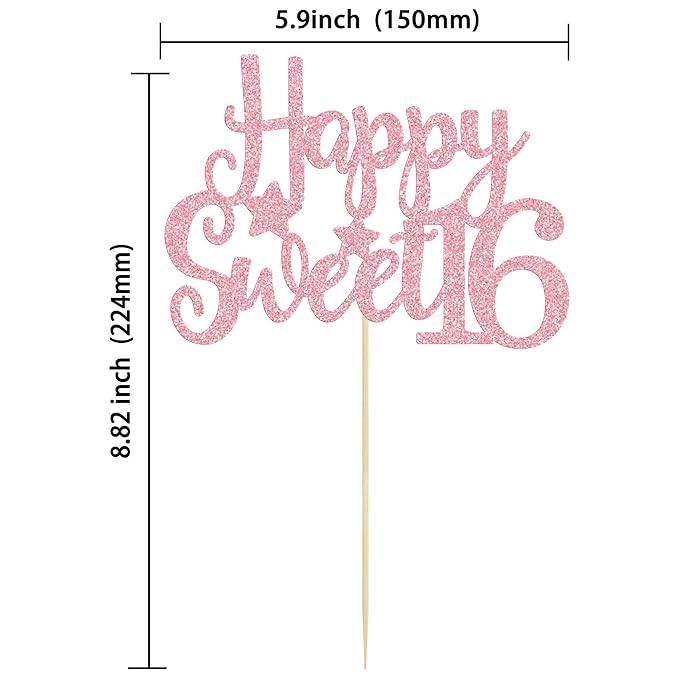 Gyufise 1Pc Pink Glitter Happy Sweet 16 Cake Topper 16th Birthday Cake Topper Sweet 16 Decorations 16th Birthday Decorations
