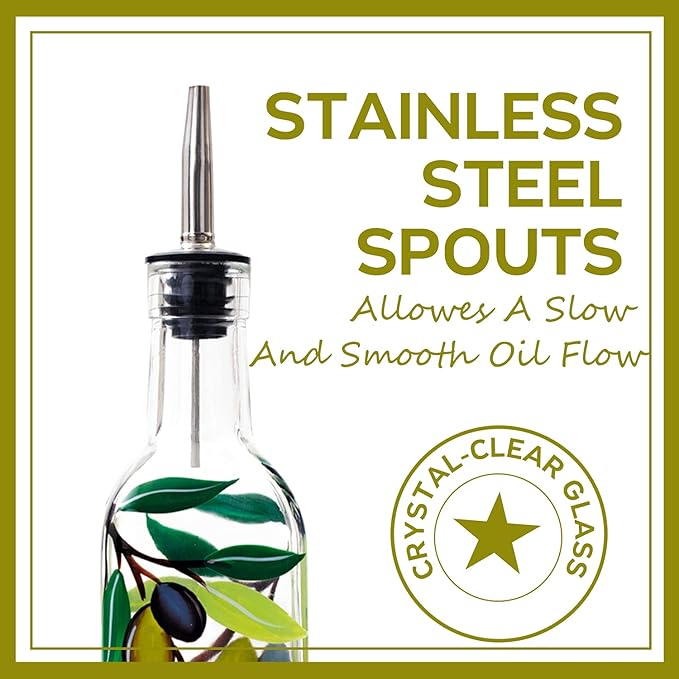 17oz Hand Painted Glass Olive Oil Bottle Dispenser - 500ml Green Oil & Vinegar Cruet with Pourers - Olive Oil Carafe Decanter for Kitchen (olive2)