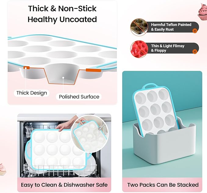 Silicone Muffin Pans for Baking 2 Pack, 2.6 Inch with Metal Reinforced Frame, Regular Size Nonstick Cupcake Pan 12 Cups for Baking Homemade Muffins, Dishwasher Safe BPA Free-Blue