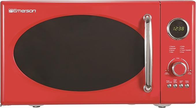 Emerson MWRG0901RD Retro Compact Countertop 800W Microwave Oven with 1,000W Grill Function, LED Display 5 Power Levels, 8 Auto Menus, Glass Turntable and Child Safe Lock, 0.9 Cu. Ft, Red