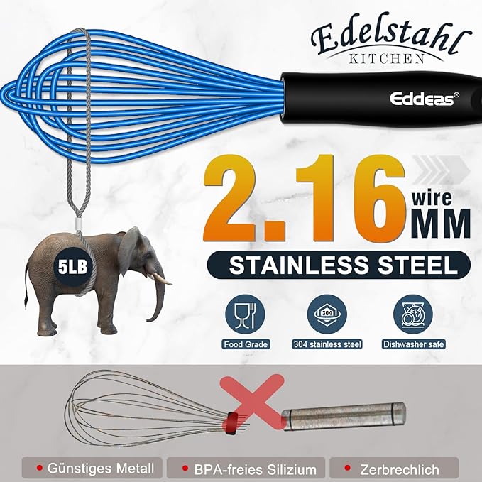 Silicone Whisk, Whisk Non Scratch Whisk for Cooking, 5+7+9+11in Balloon Whisk, Suitable for Mixing, Blending. 11in Flat Whisk great for Ceramic Coated pans and Wider shallower pots. (Blue)