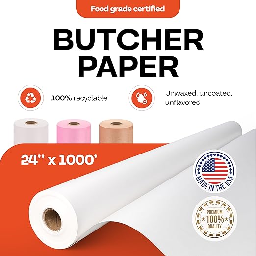 White Butcher Paper 24" x 12000" (1000 feet) - USA-Made Natural Butcher Paper Roll for Meat and Fish - Uncoated, Unwaxed & Food-Grade Material for Smoking, Grilling & Barbecue by IDL Packaging