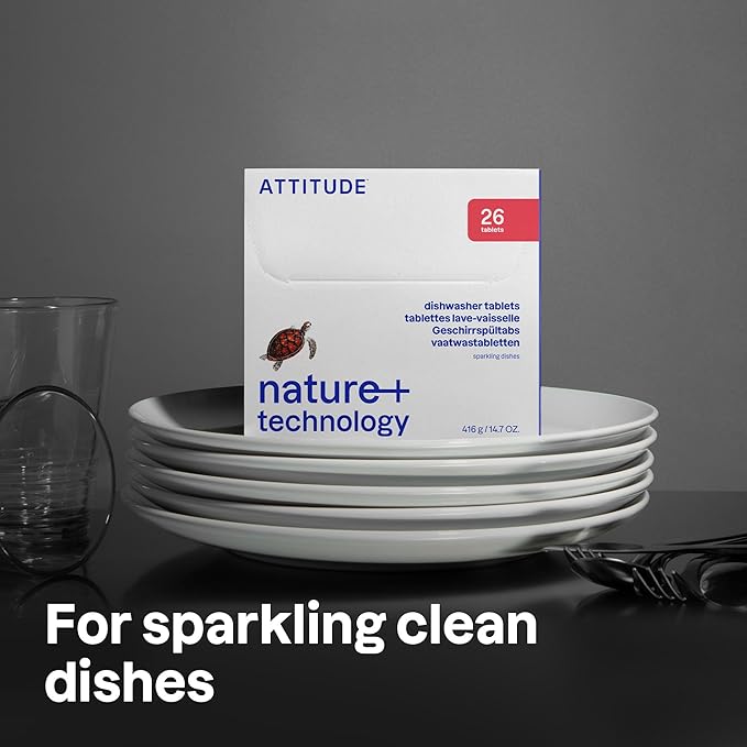 ATTITUDE Dishwasher Pods, Plant-Based & Vegan, Phosphate-Free Detergent Tablets, Naturally Derived, Unscented, 26 Count