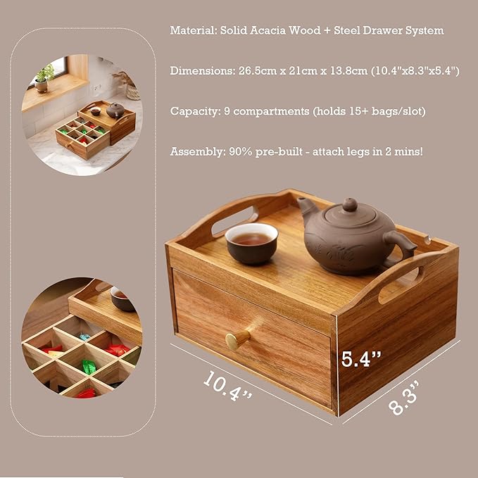 Tea Bag Holder Organizer, Tea Storage Organizer, Acacia Wood Drawer Interior 9 Grids & Teapots and Cups Can Be Placed on Top 10.4"X8.3"X5.4" Storage Box for Kitchen Countertop Organizer