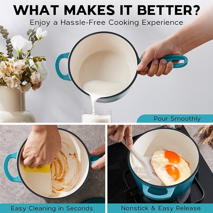 Enameled Cast Iron Sauce Pan, Onader 2QT Saucepan with Lid, Small Cast Iron Pot for Cooking, Enamel Dutch Oven Nonstick & Heavy Duty – Dark Cyan