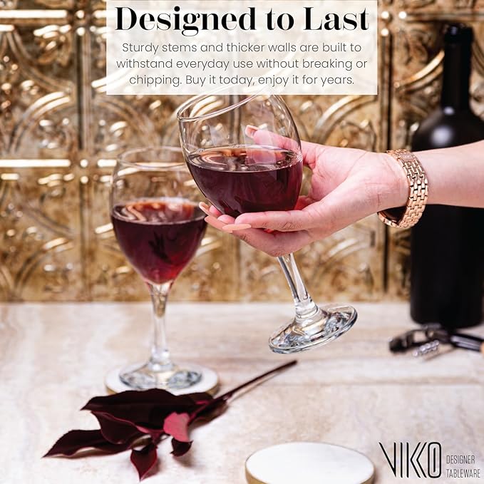 Vikko Wine Glasses, 15 Ounce Stemmed Set of 6 for Red and White, Thick and Durable Clear Glass