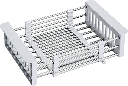 COVRA Over Sink Dish Drying Rack, Stainless Steel Drainer for 11"-19" Sinks, Kitchen Countertop Organizer for Dishes, Vegetables, and Fruits (Gray)