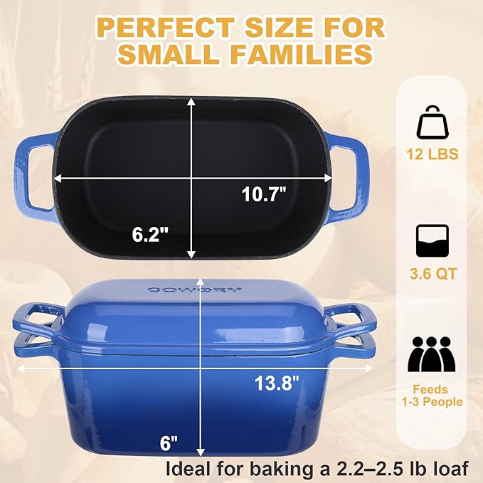 Enameled Dutch Oven for Sourdough Bread Baking, 3.6QT Oval Cast Iron Bread Pan with Lid