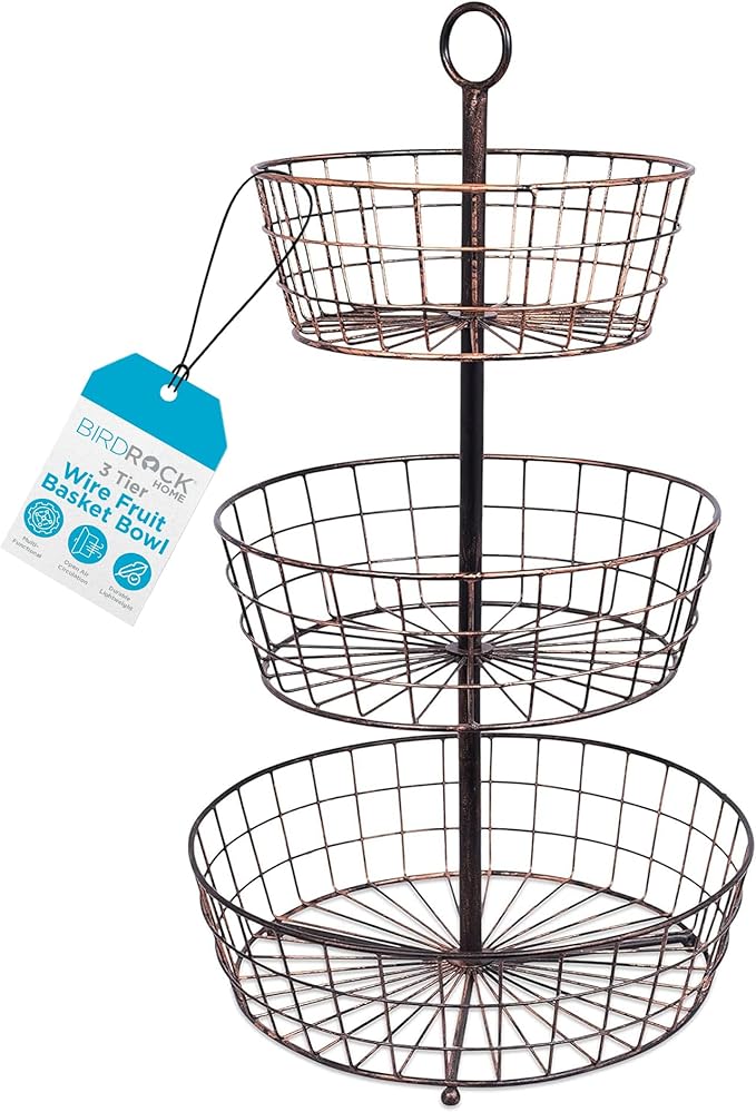 BirdRock Home 3 Tier Wire Fruit Basket | Round Metal Standing Baskets | Fruit Vegetable Garlic Caddy | Freestanding Rustic Decorative Basket