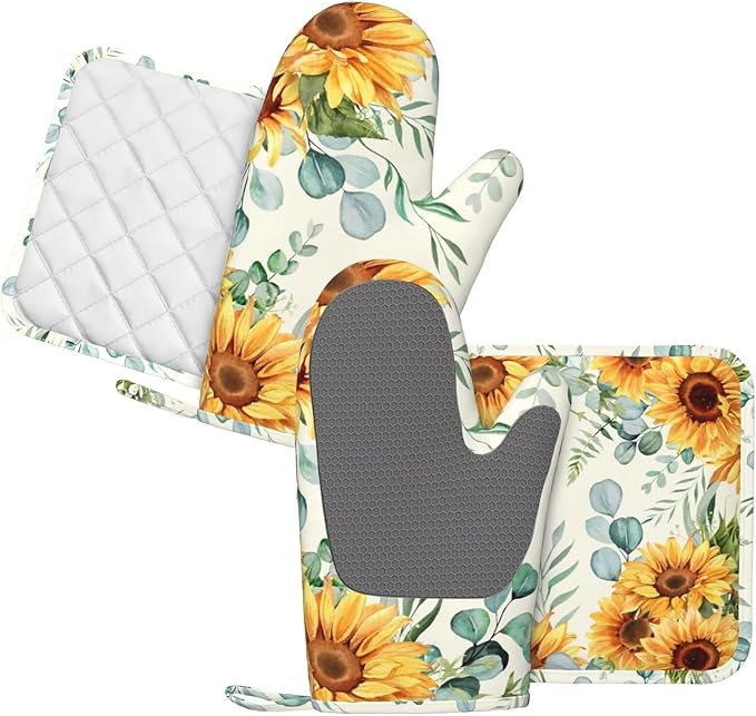Sunflower Eucalyptus Oven Mitts Pot Holders Set Silicone Heat Resistant Summer Yellow Green Leaves Flowers Oven Mitts and Hot Pads Potholders Non-Slip Oven Gloves for Cooking Baking Grilling