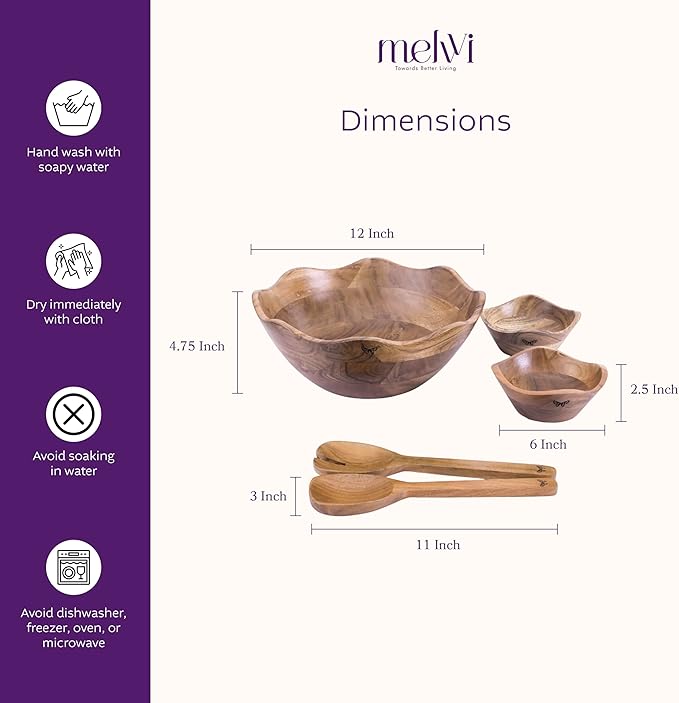 Melvvi Large Wooden Salad Bowl Set with 2 Small Bowls and 2 Serving Utensils | 12" & 6" Acacia Wood Bowls for Food | Great Gift for Kitchen & Dining (Natural Set of 5) (Natural Set of 5)