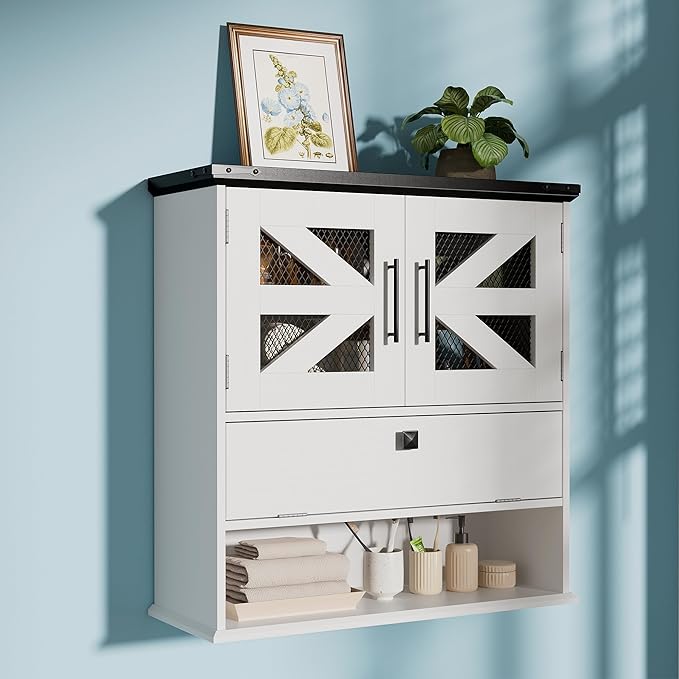 Wall Mounted Bathroom Cabinet with Double Doors, Flip-Down Storage and Open Shelf, Modern White Finish, Over-The-Toilet Space Saver Cabinet