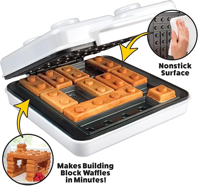 Building Brick Electric Waffle Maker- Cook Fun Buildable Waffles, Pancakes in Minutes- Build Houses, Cars & More Out of Stackable Waffles- Bite Sized for Kids, Nonstick Iron Recipes Included, Fun Gift
