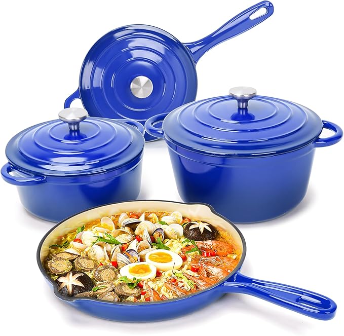 Hisencn Enameled Cast Iron Cookware Set - 7 Piece Set of Dutch Ovens, Sauce Pan, Skillet, 3 Lids, Dutch Oven Set, Ceramic Coated Cast Iron, Heavy Duty, Gas/Induction Compatible, PFA Free, Cobalt Blue
