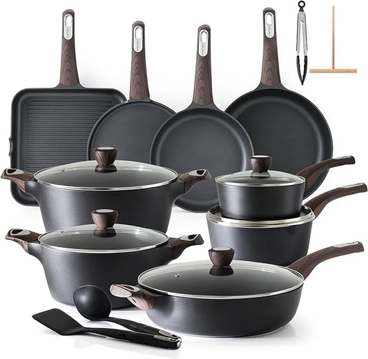 SENSARTE Pots and Pans Set Non stick, Non toxic Healthy Induction Cookware Sets, 26 Pcs Nonstick Kitchen Cooking Set, w/Frying Pans Set, Saucepans Set, Stockpots Set, PFOA PFOS Free, Black