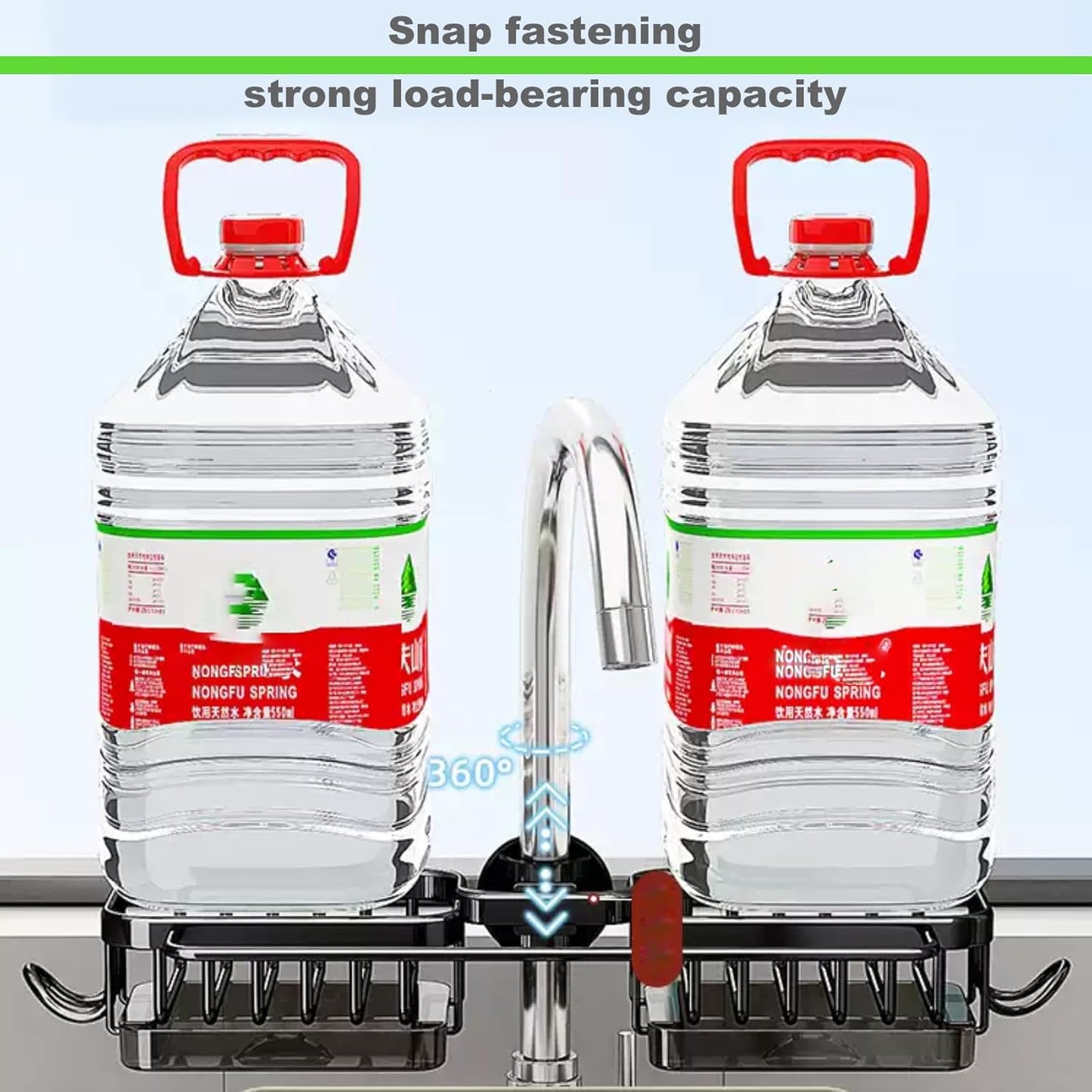 Sink Organizer Rack for Kitchen and Bathroom,Stainless Steel Detachable Hanging Faucet Drain Rack with Drip Tray Faucet Sponge Holder for Bathroom (Black, L&R as One)