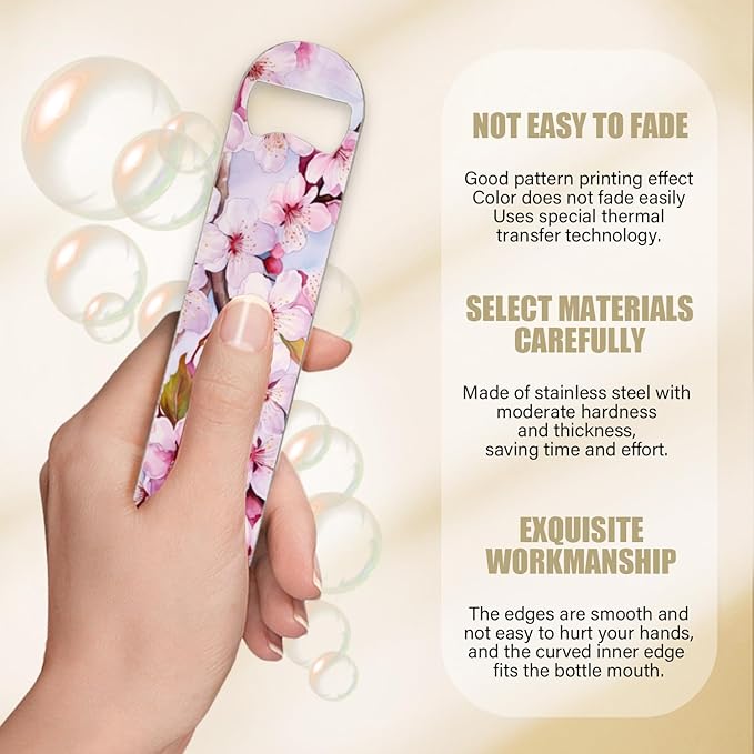 2 PACK Beer Bottle Opener, Stainless Steel Flat Bottle Openers,7 inch Metal Decor,Cherry Blossoms With Pink Petals