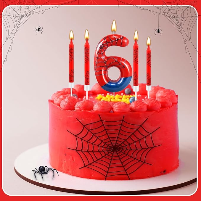 13 Pcs Spider Themed Birthday Candle Set Red Spider Theme Number 6 Candle Cake Topper for Boys Girls Birthday Decoration Spider Party Decoration Supplies (Number 6)
