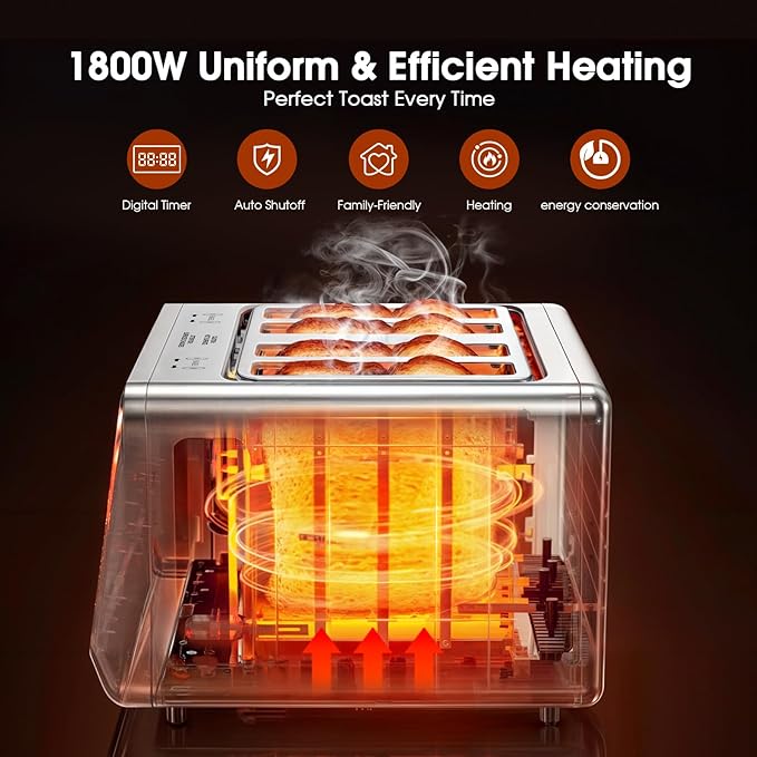 4 Slice Toaster– Dual Digital Smart TouchScreen & Independent Control Panel | Single-Slot Tech, Timer/Reheat/Defrost for Bagels, Bread | 1800W Stainless Steel, 6 Toast Types & Shade Settings
