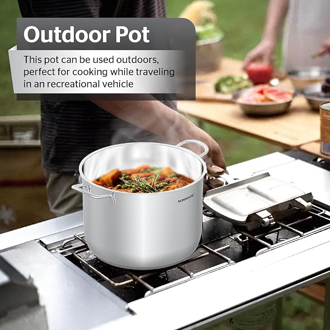 SUNHOUSE Stainless Steel Stock Pot – 12.6 Quart Heavy-Duty Induction Cooking Pot with Glass Lid for Pasta, Soup, Spaghetti – Thick-Bottom Large Stockpot for Boiling, Simmering, Canning