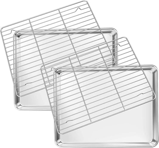 Deedro Baking Sheet with Rack Set [2 Sheets + 2 Racks], Stainless Steel Cookie Half Sheets Baking Pan Oven Tray with Cooling Rack, 12 x 10 x 1 Inch, Heavy Duty, Non-toxic, Easy Clean