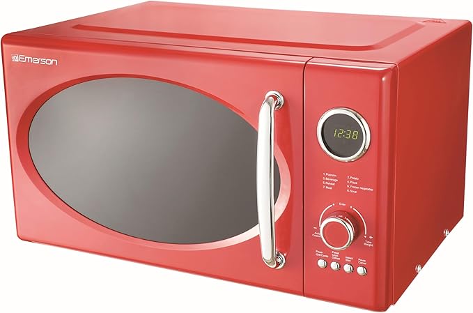 Emerson MWRG0901RD Retro Compact Countertop 800W Microwave Oven with 1,000W Grill Function, LED Display 5 Power Levels, 8 Auto Menus, Glass Turntable and Child Safe Lock, 0.9 Cu. Ft, Red