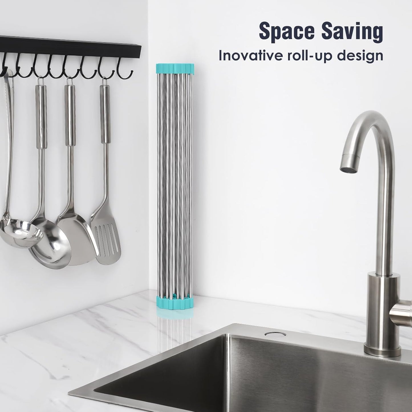 Tomorotec 17.7" x 12.5" Roll Up Dish Drying Rack Over Sink Drying Rack Sink Cover Kitchen Sink Accessories Gadget Multipurpose Organizer Foldable Stainless Steel Drainer