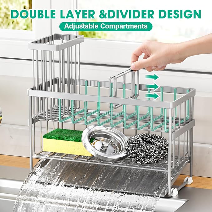 Sponge Holder for Kitchen Sink, 2 Tier Sink Caddy Organizer with High Brush Holder, Self-Draining Sponge Holder for Sinks, Soap Dispenser Organizer, Rustproof 304 Stainless Steel, Silver