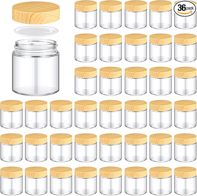 Norme 36 Pcs 4 oz Glass Jars with Lids Empty Small Glass Containers and Inner Liners Reusable Cosmetic Jars Round Airtight Bottles with Plastic Woodgrain Lids for Travel