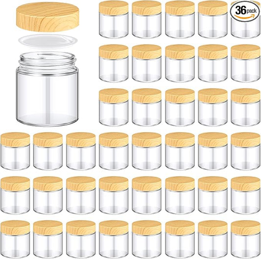Norme 36 Pcs 4 oz Glass Jars with Lids Empty Small Glass Containers and Inner Liners Reusable Cosmetic Jars Round Airtight Bottles with Plastic Woodgrain Lids for Travel