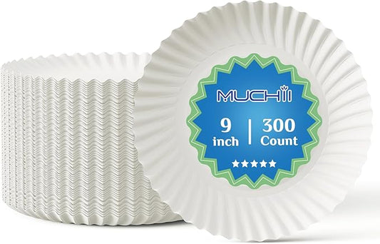 MUCHII 300 Count 9 Inch Paper Plates, Disposable Dinner Plates Bulk, White Plate Uncoated for Parties, Catering, Picnics, and DIY